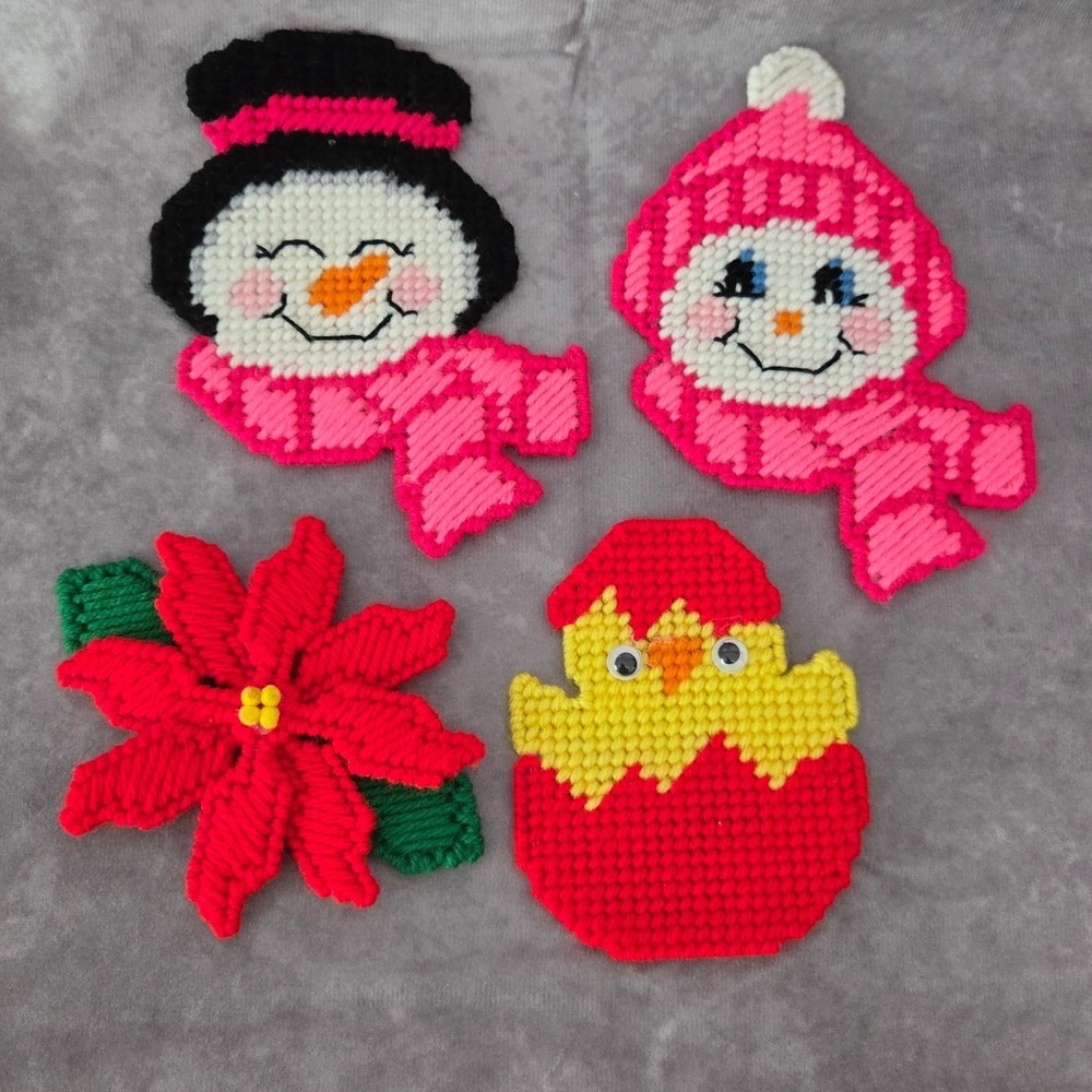 Handmade Plastic Canvas Magnets‎ Mr & Mrs Snowman Chick in Egg Poinsettia